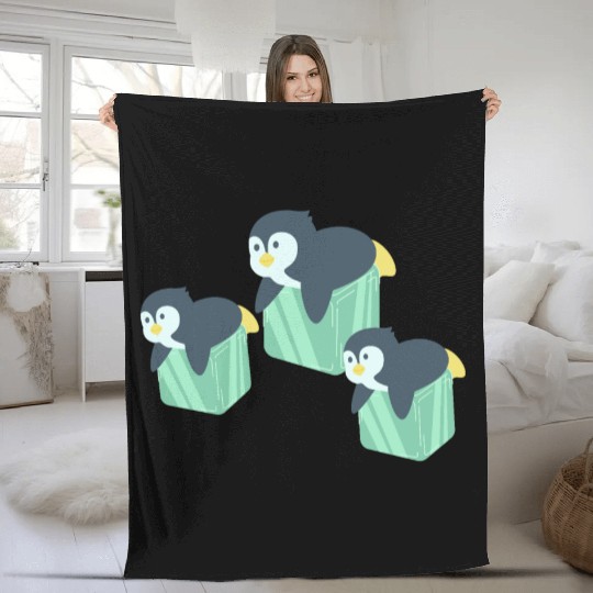 "Adorable Penguin Family on Ice Cubes" Fleece Blankets