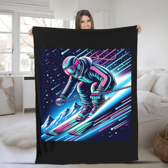 Neon Night Skiing Adventure Design Fleece Blankets