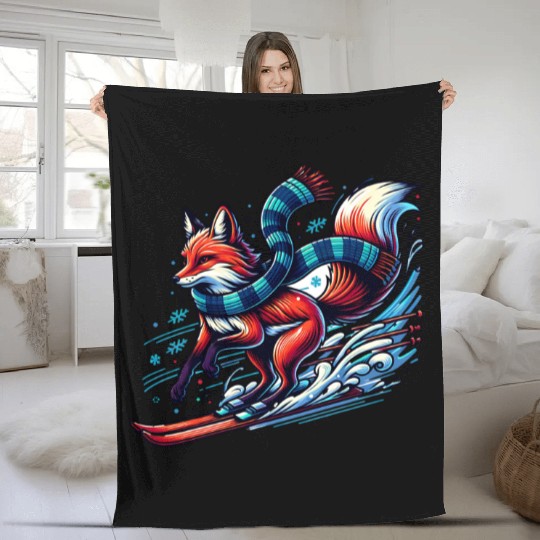 Fox Skiing Adventure in Winter Wonderland Fleece Blankets