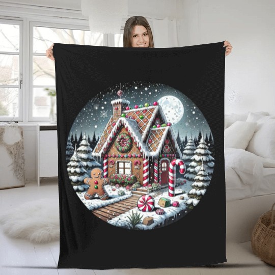 Christmas Gingerbread House with Candy Canes Fleece Blankets