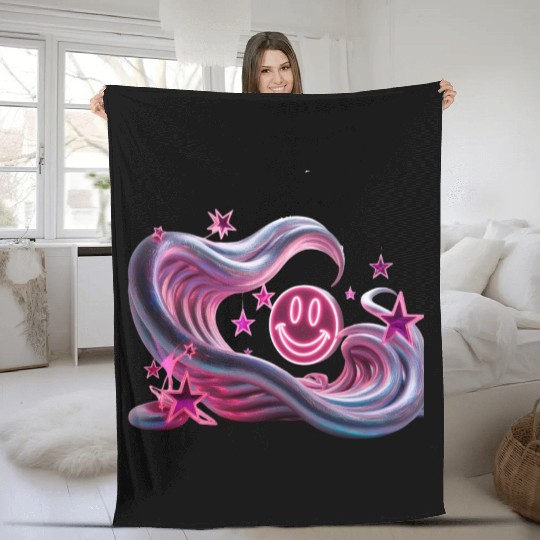 Neon Vibes Fleece Blankets – Glowing Abstract Waves, Stars