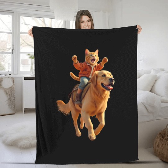 Funny Ginger Cat Riding Golden Retriever/Realistic Fleece Blankets