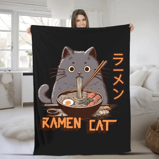 Japanese Cartoon Anime Style Eating Ramen Fleece Blankets