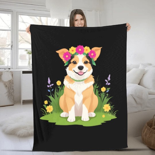 Flower Crown Corgi Fleece Blankets