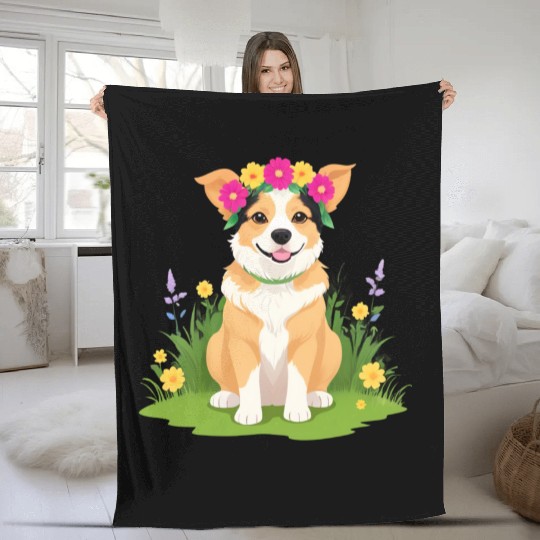 Flower Crown Corgi Fleece Blankets