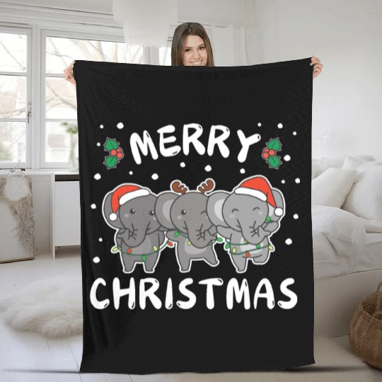 Merry Christmas Cute Elephant Festive Lights Fleece Blankets