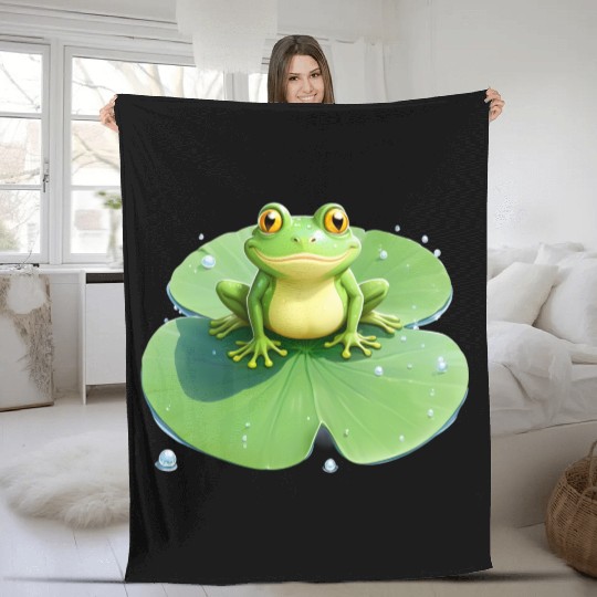 Cheerful Frog on Lily Pad Fleece Blankets
