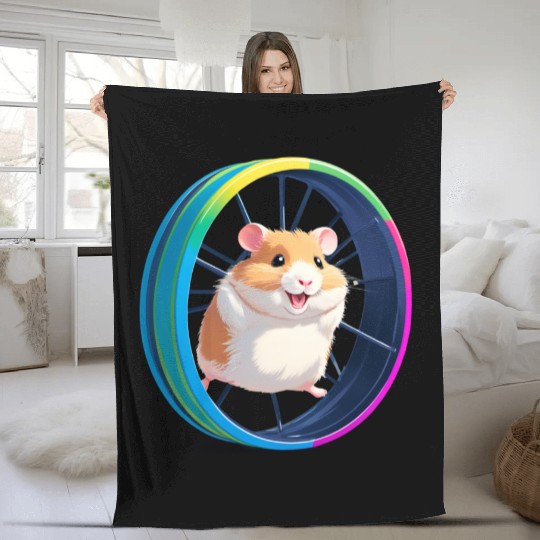 Happy Hamster on Exercise Wheel Fleece Blankets