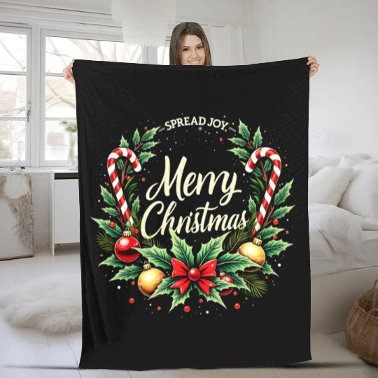 Spread Joy - Festive Merry Christmas Wreath Fleece Blankets