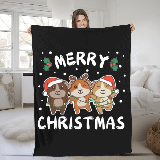 Merry Christmas Cute Guinea Pig Festive Lights Fleece Blankets