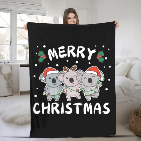 Merry Christmas Cute Koala Festive Lights Koala Fleece Blankets