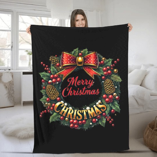 1950s Christmas Wreath - Vintage Holiday Cheer Fleece Blankets
