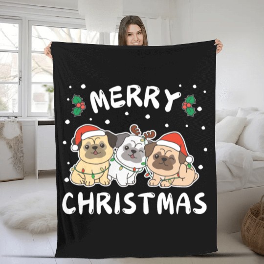 Merry Christmas Cute Pug Festive Lights Pug Fleece Blankets