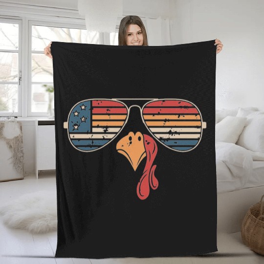 Retro USA Turkey Sunglasses Patriotic Thanksgiving Fleece Blankets
