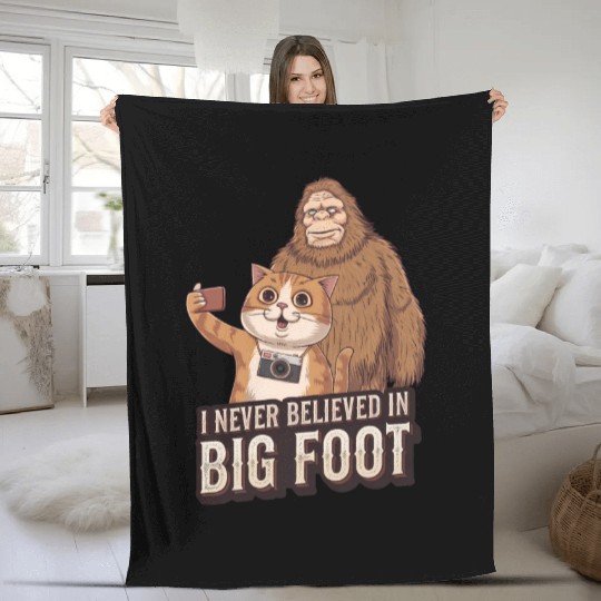 Cat and Bigfoot funny Fleece Blankets