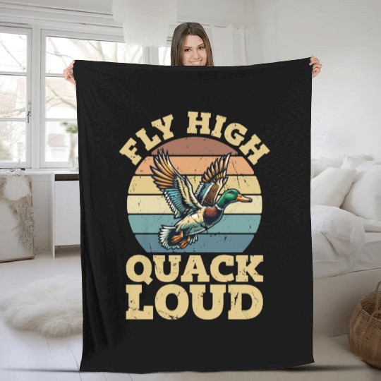 Mallard Duck Fly High Quack Loud Retro Water Bird Fleece Blankets