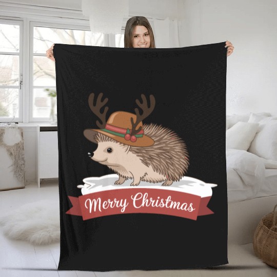 Happy Hedgehog Merry Christmas Deer Antler Hat Fleece Blankets