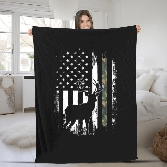 Camo US Flag Deer Elk Buck Camoflage Hunting Fleece Blankets
