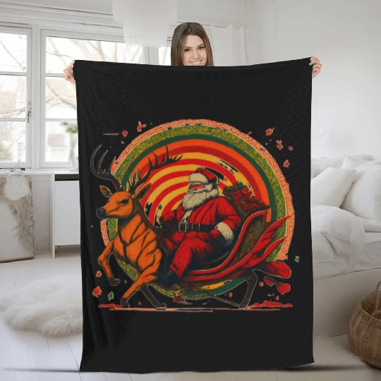 Vintage Santa Claus Riding Deer Fleece Blankets