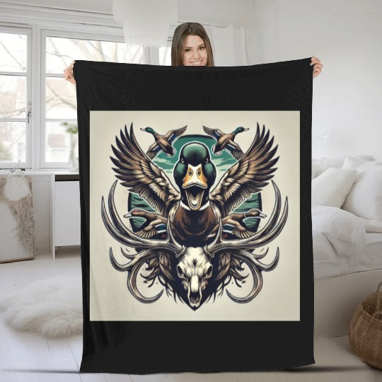 Mallard duck flying over deer skull in marsh Fleece Blankets