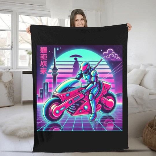 Cyberpunk Neon Rider Fleece Blankets
