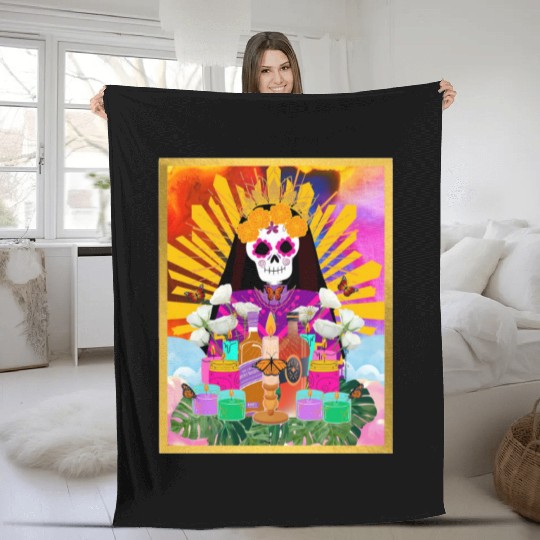 Rainbow Butterfly Santa Muerte Fleece Blankets