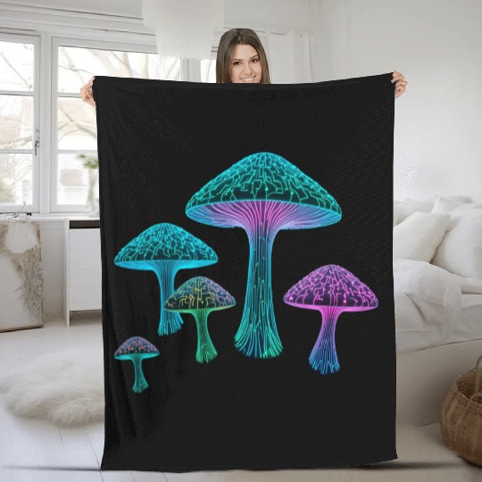 Psychedelic Neon Fungi Glow Fleece Blankets