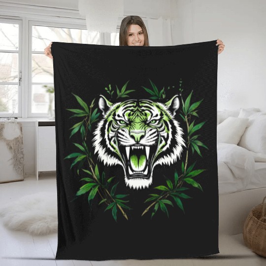 Fierce Green Tiger with Bamboo Branches Fleece Blankets