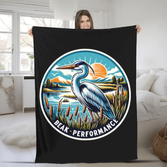 Great Blue Heron Beak Performance Retro Fleece Blankets