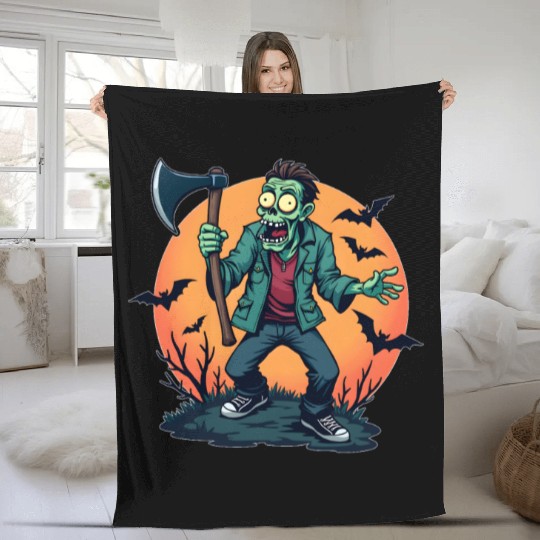 Zombie Holding Axe Creepy Halloween Design Scary H Fleece Blankets