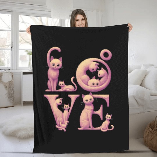 Love Cat Pink Fleece Blankets