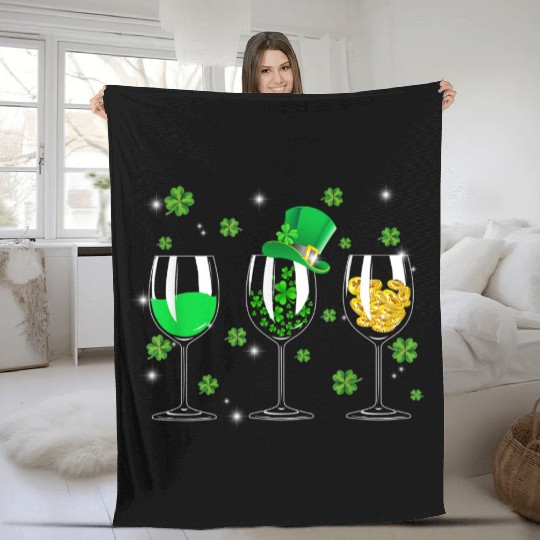 Three Wine Glass St Patrick S Day Shamrock Fleece Blankets