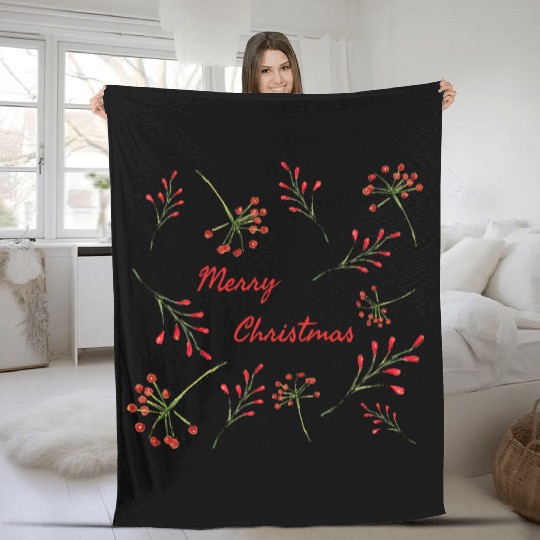Merry Christmas greeting surrounded by Holly Fleece Blankets