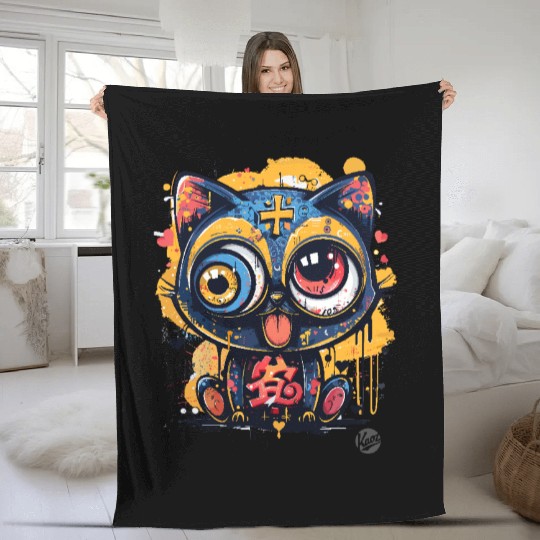 Psycho Lucky Cat – Glitch Meow Madness Fleece Blankets