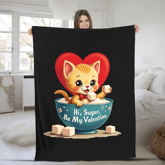 Hi Sugar Vintage Kitten Valentine s Day Card Fleece Blankets