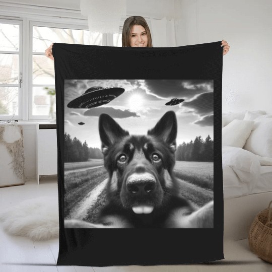 German2 Shepherd Funny GSP Selfie with UFOs Weird Fleece Blankets