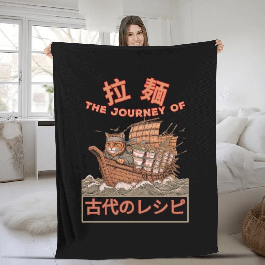 Samurai Cat with ramen Fleece Blankets
