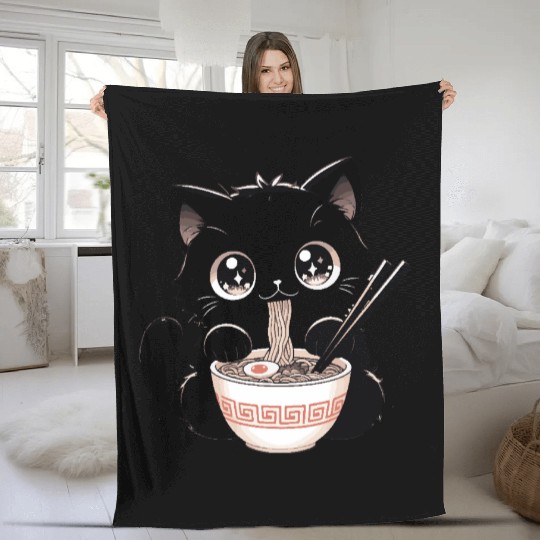 Cute Kawaii Cat eating Ramen Asian Food Gift Fleece Blankets