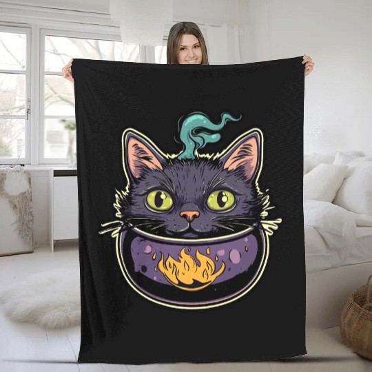 Cat Boiler Cat Witch Halloween Fleece Blankets