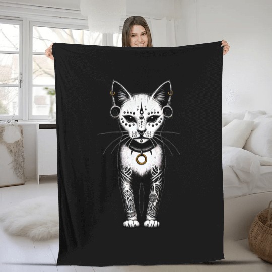Night Guardian Tribal Cat TSQ Fleece Blankets