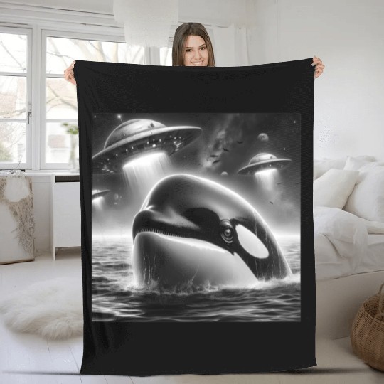 Killer whale Funny Graphic Selfie with UFOs Weird Fleece Blankets
