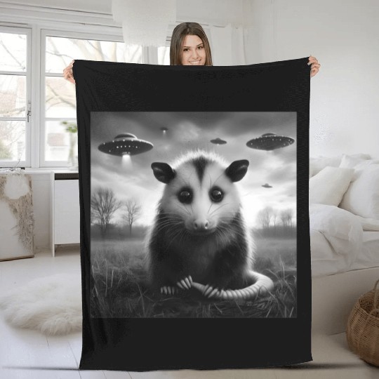 Opossum Funny Graphic Selfie with UFOs Weird Alien Fleece Blankets