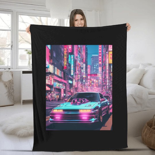 Scooped street racer in downtown Tokyo vaporwave Fleece Blankets
