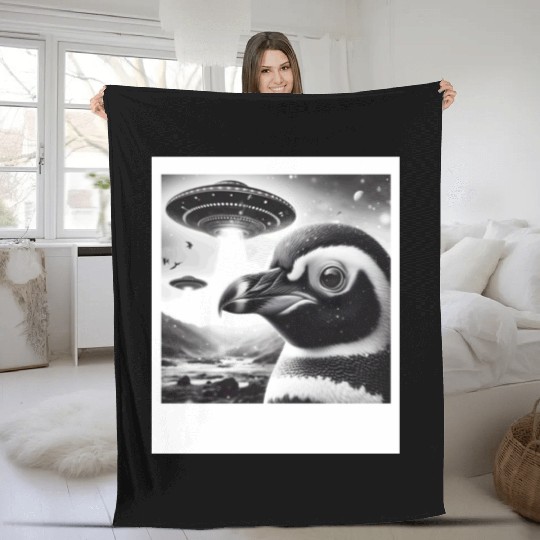 Penguin Sci-Fi Funny Graphic Selfie with UFOs Weir Fleece Blankets
