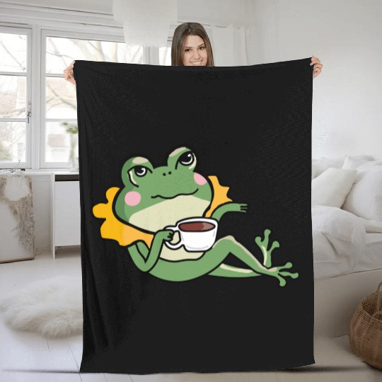 Relaxing Green Frog coffee Lover Fleece Blankets - Unique