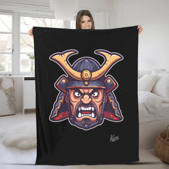 Angry Samurai Warrior Head Illustration Fleece Blankets