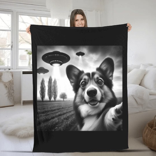 Welsh Corgi Funny Graphic Selfie with UFOs Weird A Fleece Blankets