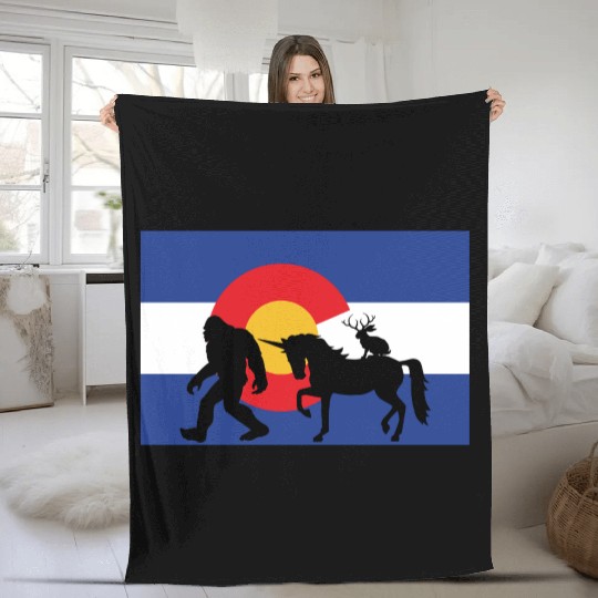 Mythical Creature and Jeep in Colorado Flag Fleece Blankets
