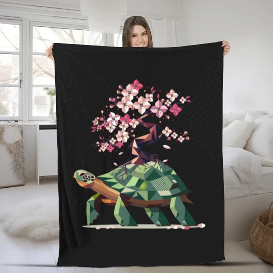 Turtle with blooming cherry blossom bonsai Fleece Blankets