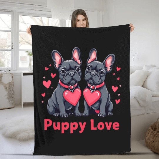 Valentines Day - Puppy Love French Bulldog Fleece Blankets